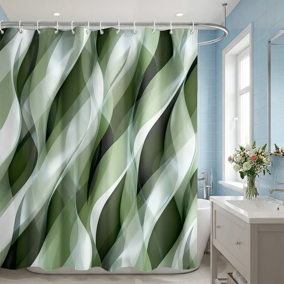 Auckpure Green Layered Wave Shower Curtain 72x72 Inch, Abstract Curved Pattern Bathroom Curtain with 12 Hooks