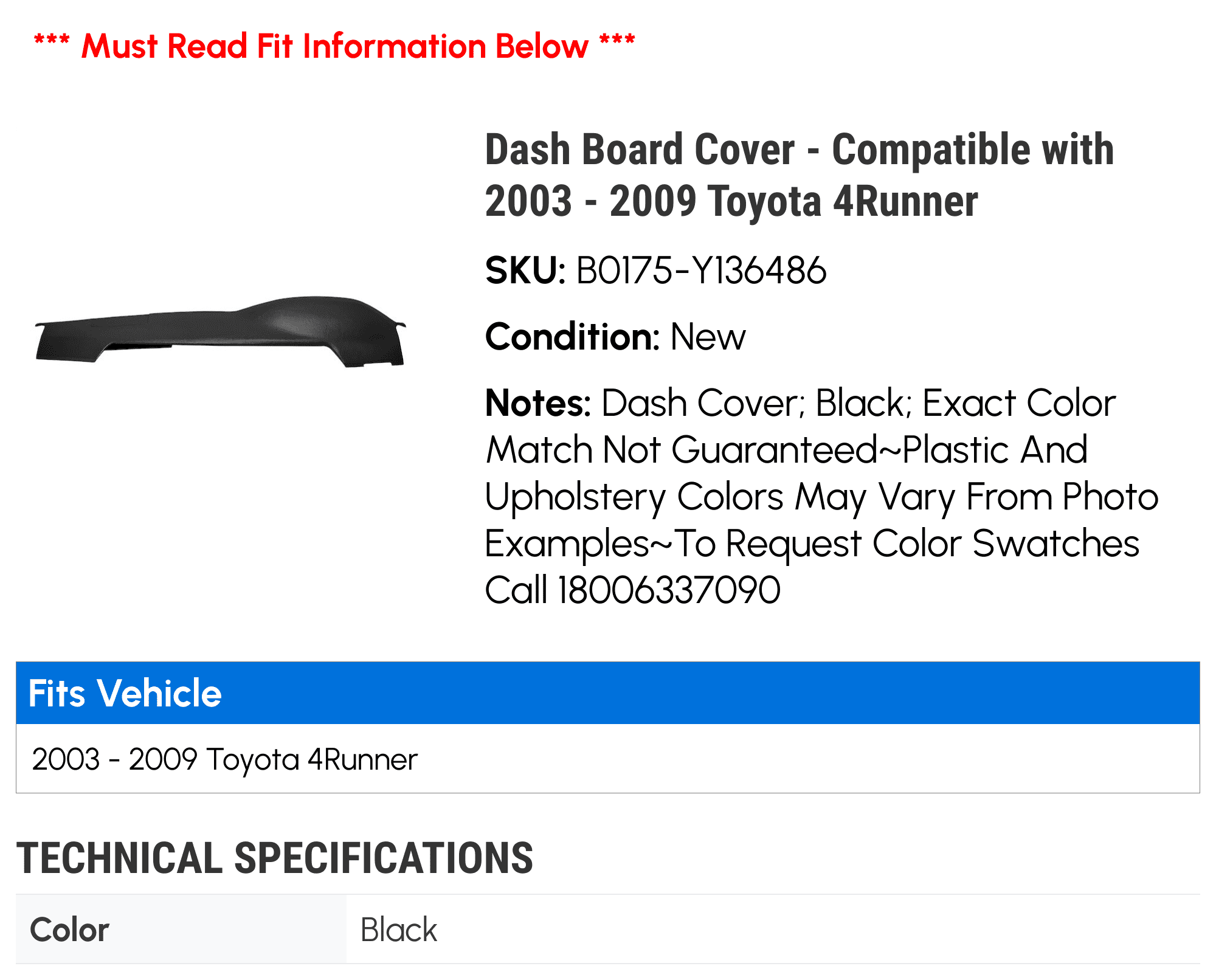 Dash Board Cover - Compatible with 2003 - 2009 Toyota 4Runner 2004 2005 2006 2007 2008