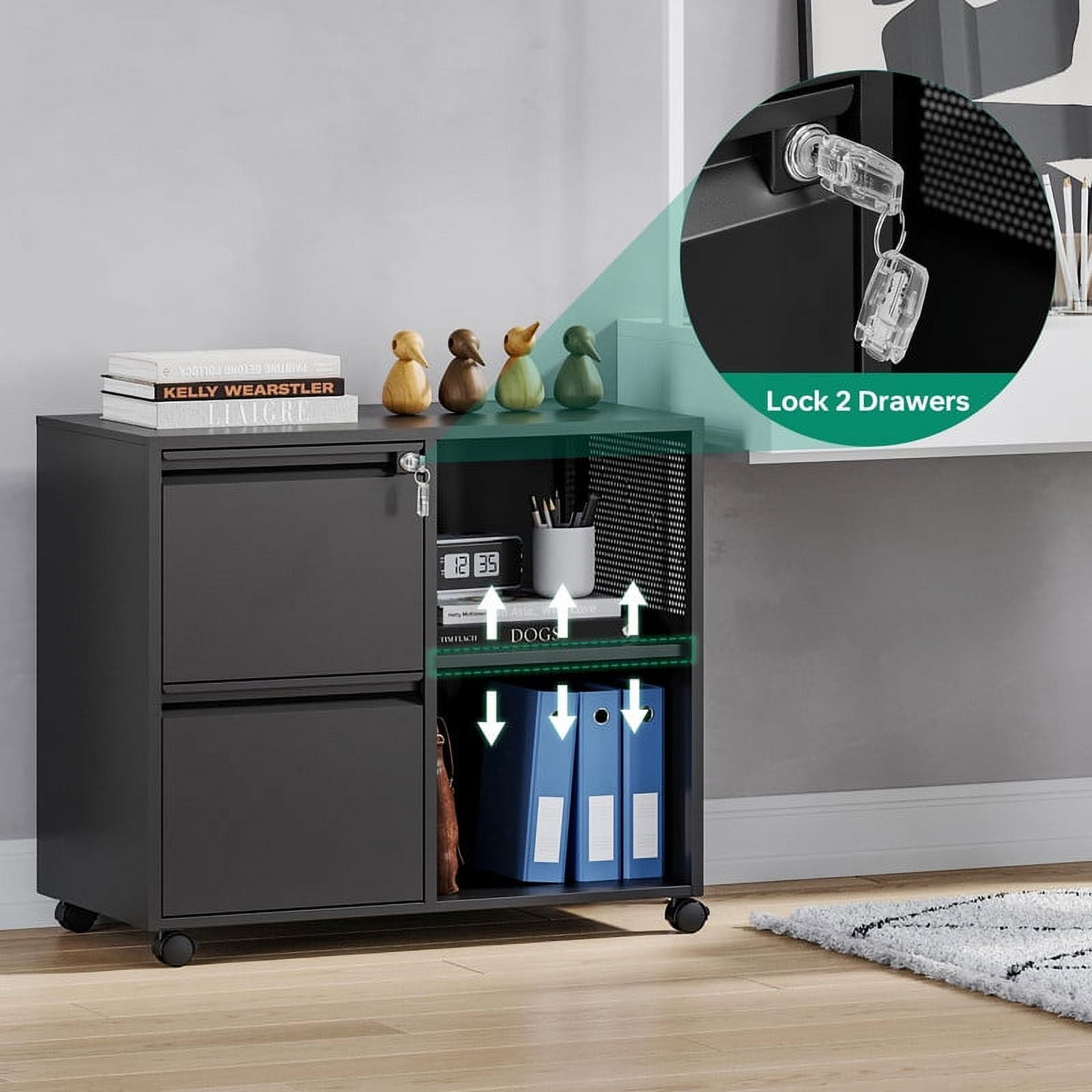 Fesbos File Cabinet with Lock, Metal Rolling  Storage Cabinet for Home Office Organization,2 Drawer Lateral Filing Cabinet with Hooks for Letter/Legal/A4 Size