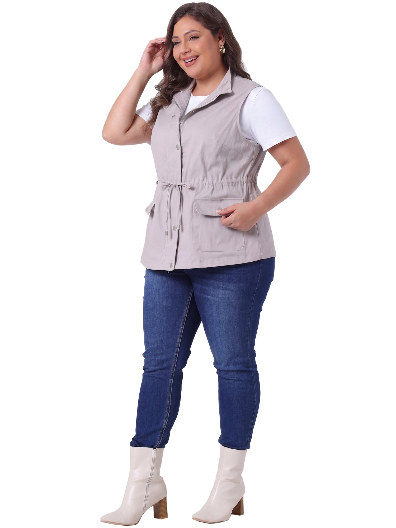 DARING DIVA Women's Plus Size Lightweight Sleeveless Anorak Cargo Vest 3X Light Gray