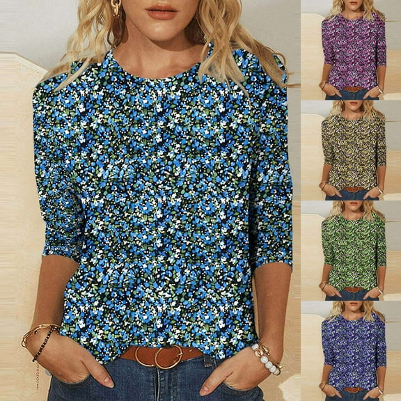 CYMMPU T-Shirts 3/4 Sleeve Blouses for Women Dressy Casual Round Neck Flower Printed Spring Tops Loose Fit Fall Trendy Shirts Lightweight Basic Tees Purple M