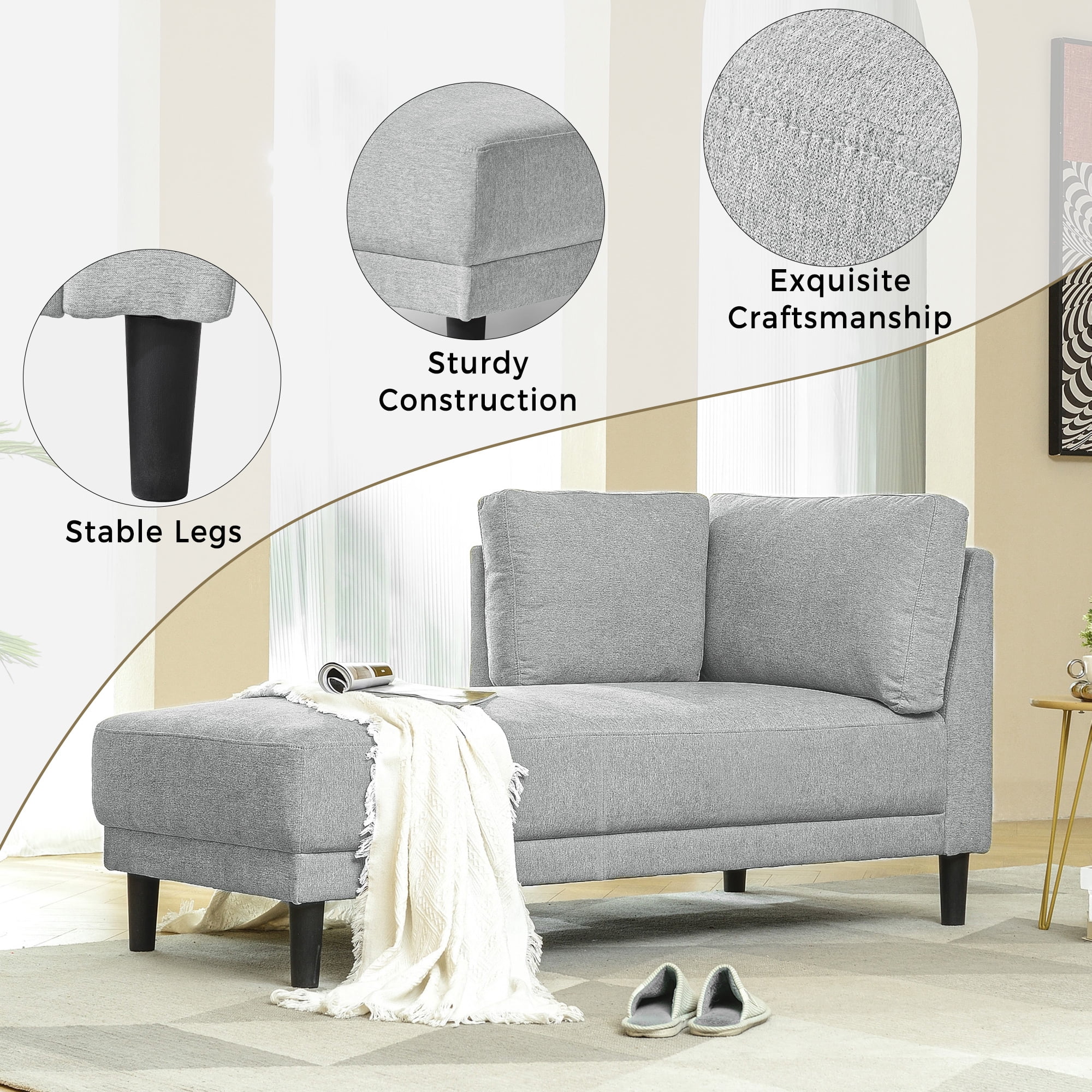 EUROCO 65" Mid-Century Modern Linen Fabric Corner Lounge Chair, Upholstered Indoor Chaise Lounge, Solid Wood Sleeper Sofa Bed for Bedroom, Office, Small Living Room & Apartment, Grey