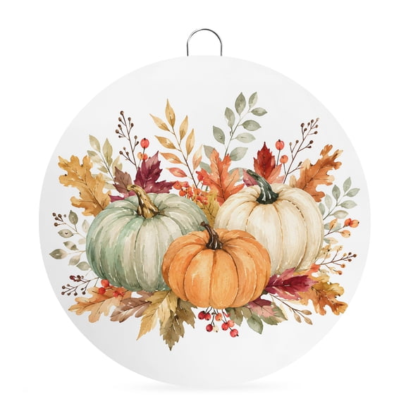 Welcome Sign for Front Door, Orange Sage Green Pumpkins Fall Round Metal Wall Art Wreaths, Thanksgiving Leaves Outdoor Indoor Wall Hanging Sign for Porch Decor Housewarming Gifts 5.9 Inch