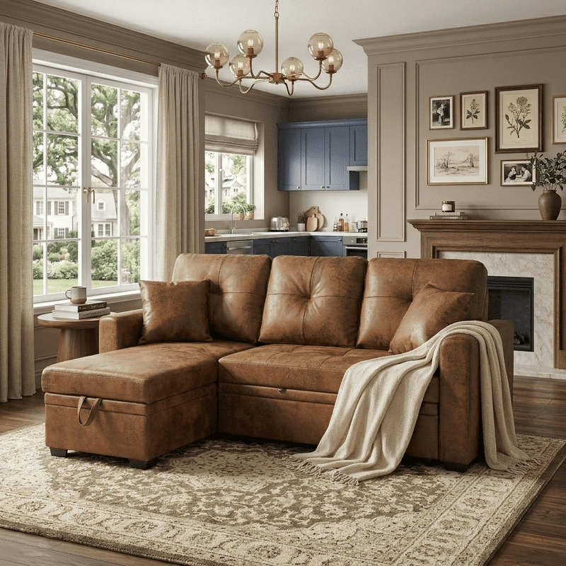 Sleeper Sofa Sectional with Pull-Out Bed – Reversible Chaise + Hidden Storage, Breathable Fabric, L-Shaped Couch for Small Spaces, Convertible Sofa Bed for Living Room