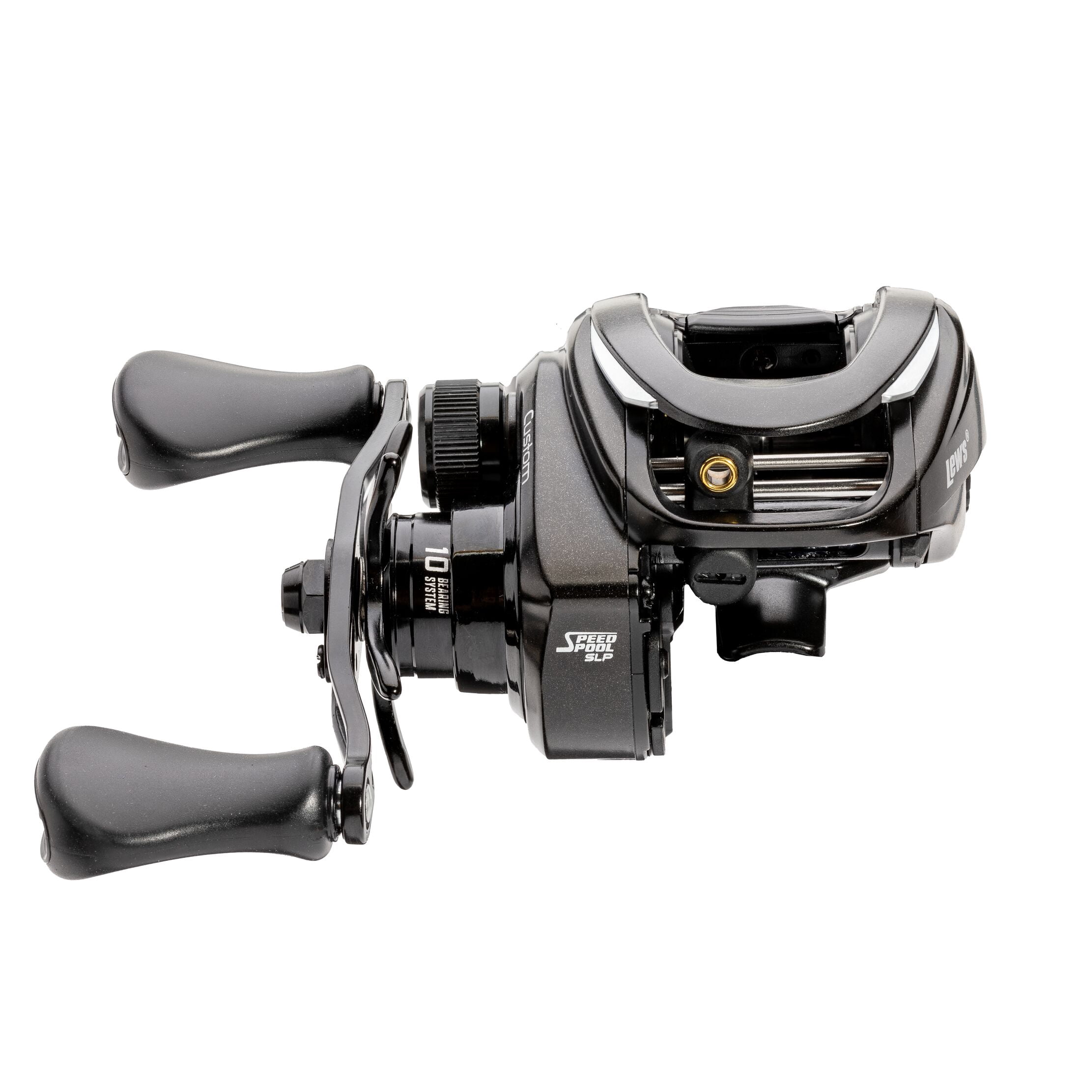 Lew’s Custom Baitcast Fishing Reel, 9+1 Bearings, 7.5:1 Gear Ratio, Aluminum Frame and Sideplates, ParaMag RX Brake, Carbon Fiber Drag, Speed Gears, P2 Super Pinion, Right-Hand Retrieve, Black/Silver