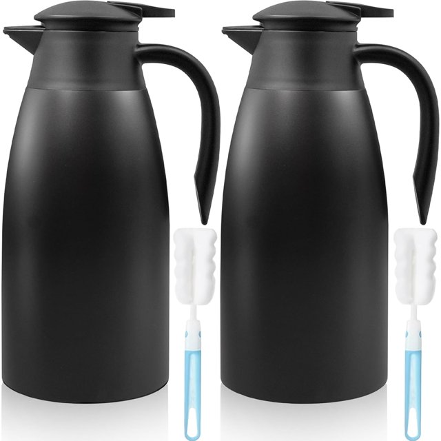2 Pcs 68 oz Thermal Coffee Carafe Insulated Stainless Steel Coffee Carafe for Hot Liquids Vacuum Thermal Pot Creamer Carafe Dispenser with Brushes Keeping Hot 12 Hours(Black)
