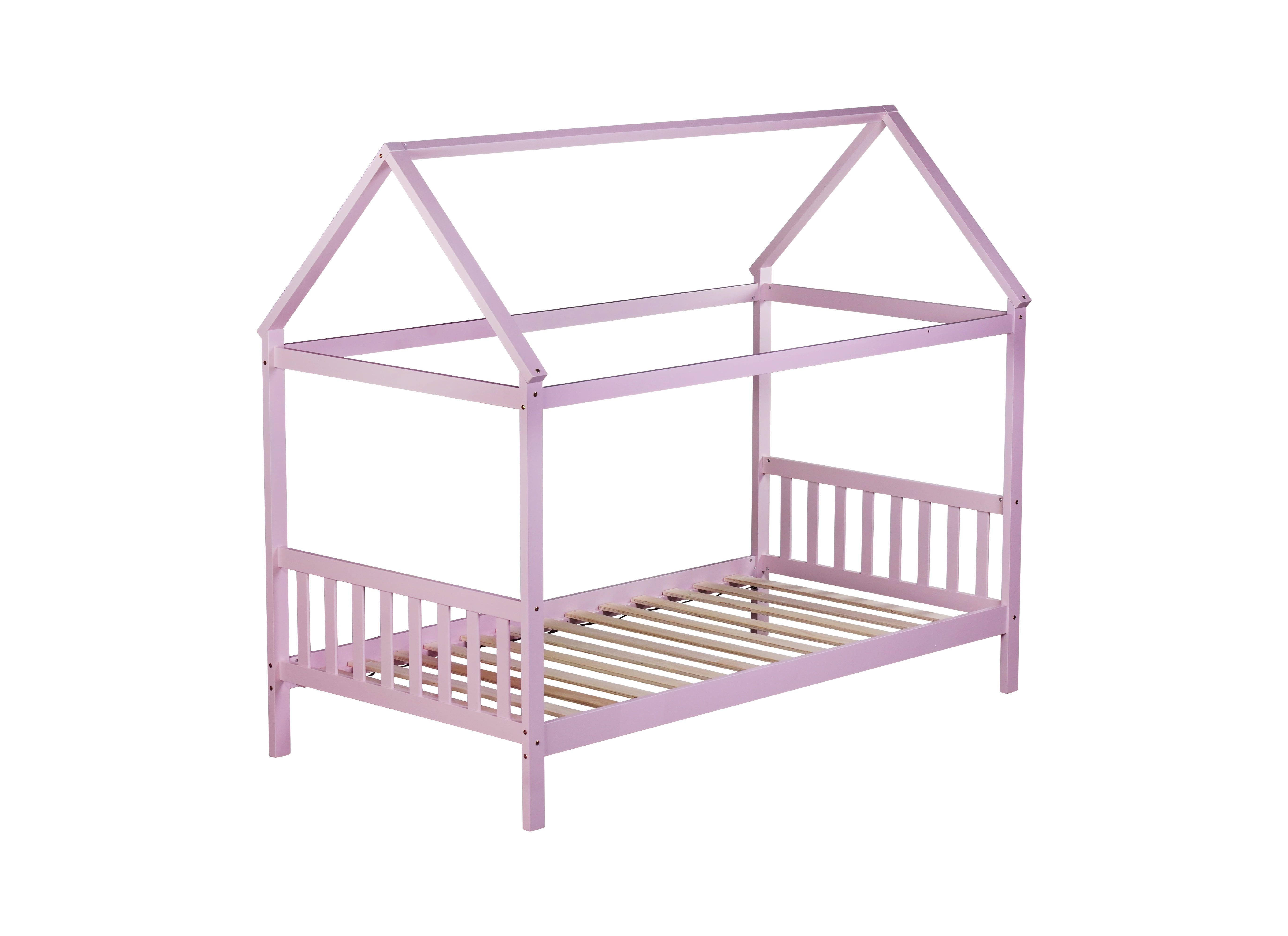 Bellemave Twin House Bed with Headboard and Footboard Sturdy Rubber Wood Platform Bed Frame, Montessori House Bed, No Box Spring Needed  (Twin, Pink)
