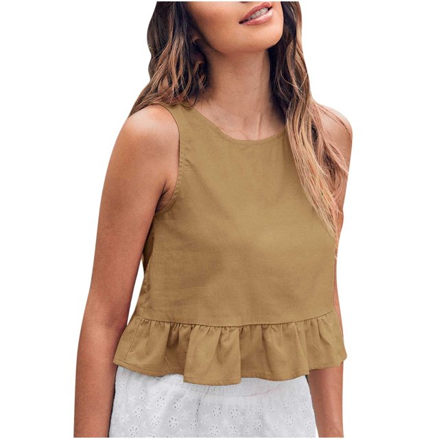Besolor Camisoles d'Été pour Femmes à Col Ras du Cou Sans Manches, Courts, Mignons, Ourlet à Volants, Décontractés, Sortie, Chic, Blouse