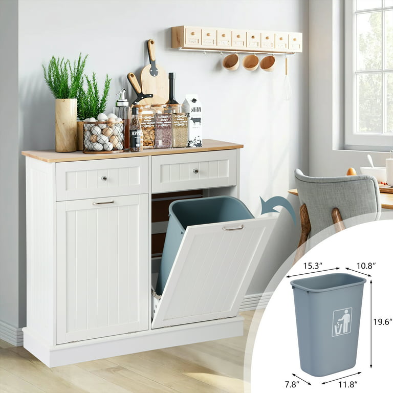 Kigoty Dual Kitchen Trash Cabinet, Double Tilt Out Trash Can Cabinet with Countertop and Drawer, Wood (White)