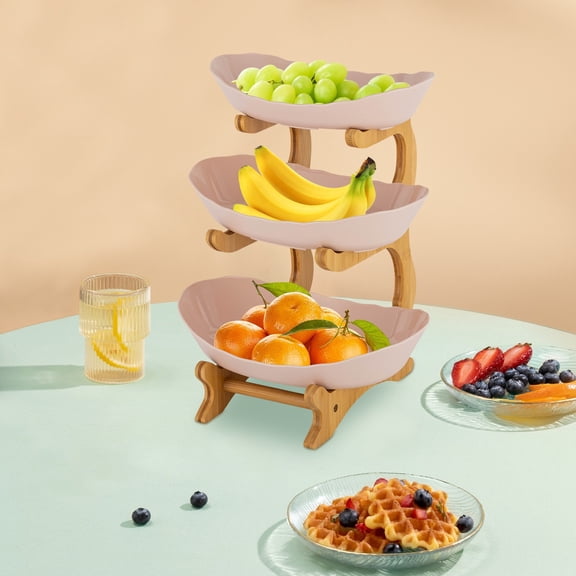 3 Tier Fruit Basket Bowl with Bamboo Wood Stand for Kitchen Counter, Fruit Stands Snack Dessert Cake Bread Candy Storage Holder for Party Wedding (Beige)