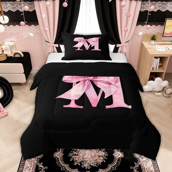 Manfei Watercolor Bow Letter M Twin Comforter Sets for Girls, Black Pink Initial Bedding Set, Black Reversible, 2pcs
