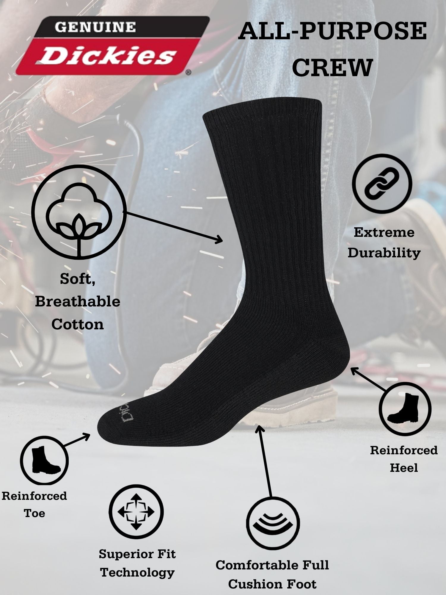 Dickies Men's Value Work Crew Socks, 24 Pack-Black Size 6-12