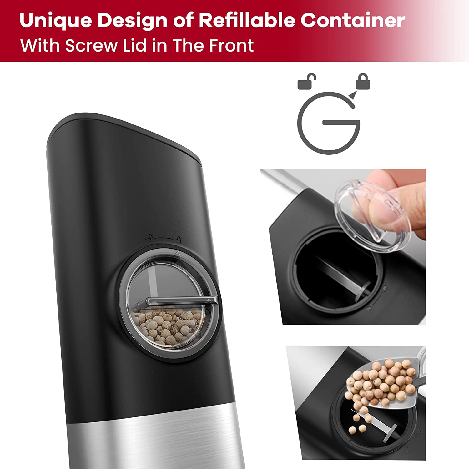 SZMLOGB Electric Pepper Grinder， Rechargeable Electric Salt and Pepper Grinder,1 Pack-Silver