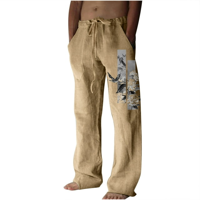RKSTN Mens Pants Summer Fall Cotton and Linen Wide Leg Pants Bird Printed Drawstring Sports Pants Casual Pants with Pockets