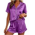 thumbnail image 5 of Zynoxe Womens Satin Pajama Sets Solid Color Short Sleeve Button Down Blouses and Ruffle Drawstring Shorts Casual Soft Two Piece Lounge Sets, 5 of 9