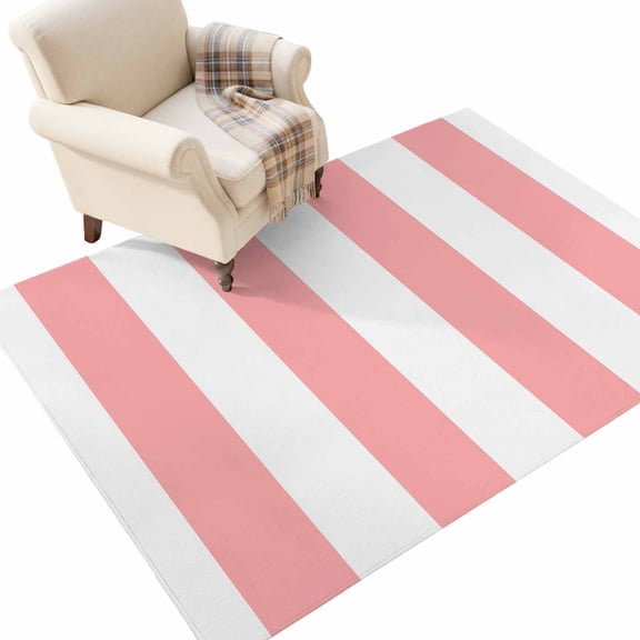 Pink Vertical Stripes Washable Area Rug 4 x 6 ft Coral Red White Parallel Colored Lines Rustic Soft Non‑Slip Rugs Stain Repellent Indoor Mats for Living‑Room, Guest Bedroom, Casual Dining Room