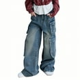 thumbnail image 3 of Wuxian Children Girls Jeans Pant Wide Leg Casual Vintage Denim Cargo Pants With Multiple Pockets Elastic Waist For Big Girls Fashion Loose Relaxed Trousers,Blue,4-5 Years, 3 of 9