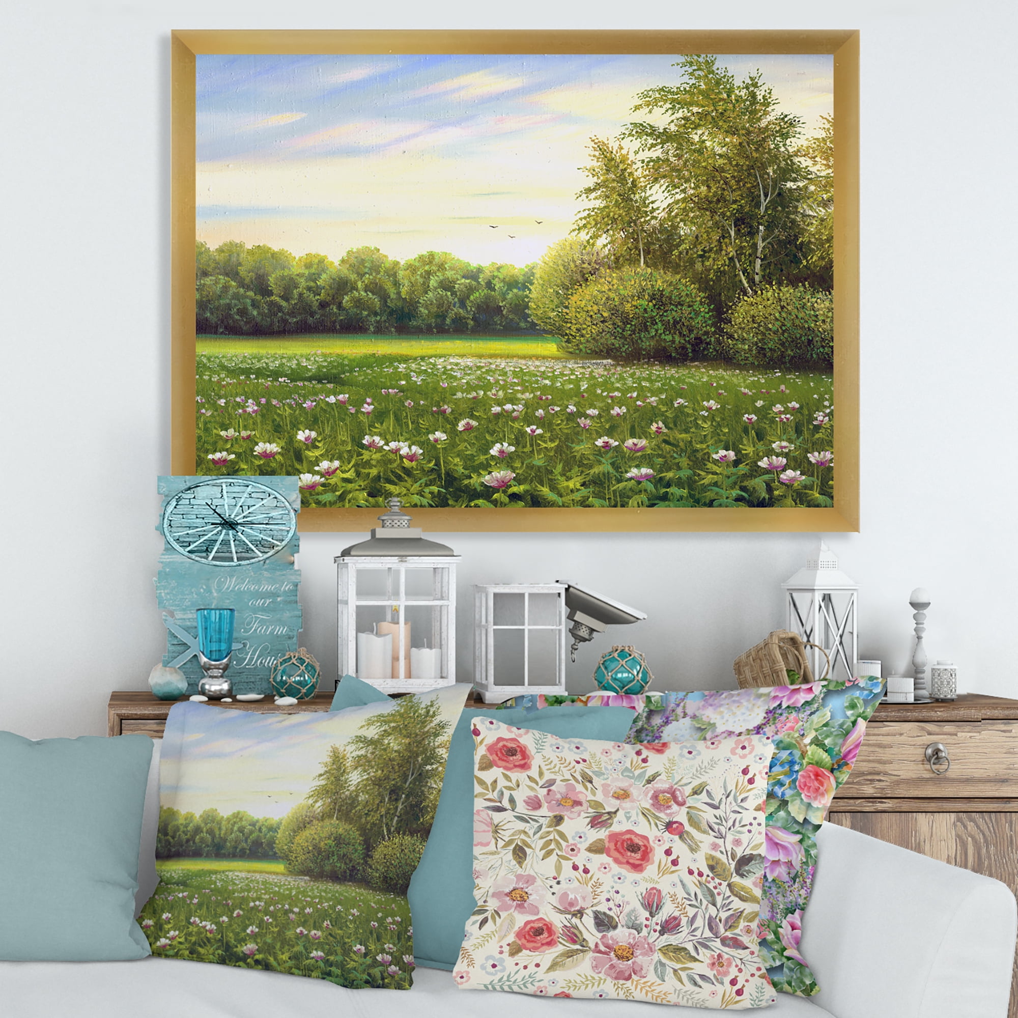 Spring Trees By The Flowers and Meadows 40 in x 30 in Framed Painting Canvas Art Print, by Designart
