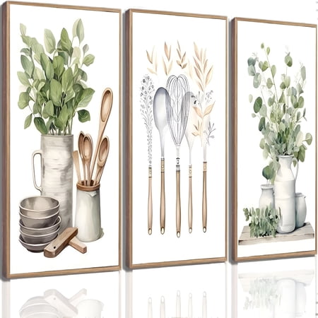 RLESO 2026 New 3Pcs Sage Green Farmhouse Kitchen Canvas Wall Art Minimalist Dining Room Eucalyptus Leaves Plant Painting Pictures Wall Decor Poster Print Artwork for Dining Kitchen Home Decoration