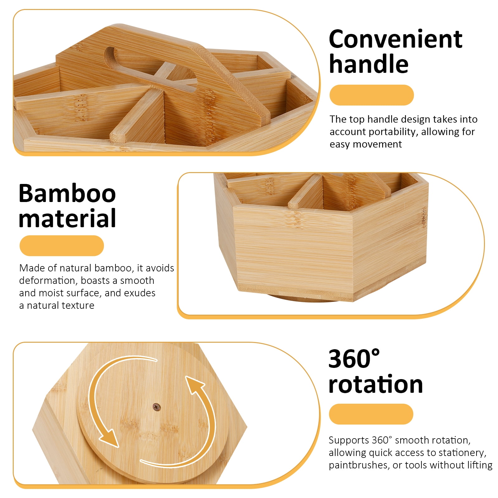 FYJUCPA Bamboo Rotating Pen Holder, Versatile Hexagon Desktop Pencil Organizer with 6 Compartments and Handle, Crayon Marker Holder for Pencil Pen and Paint Brush