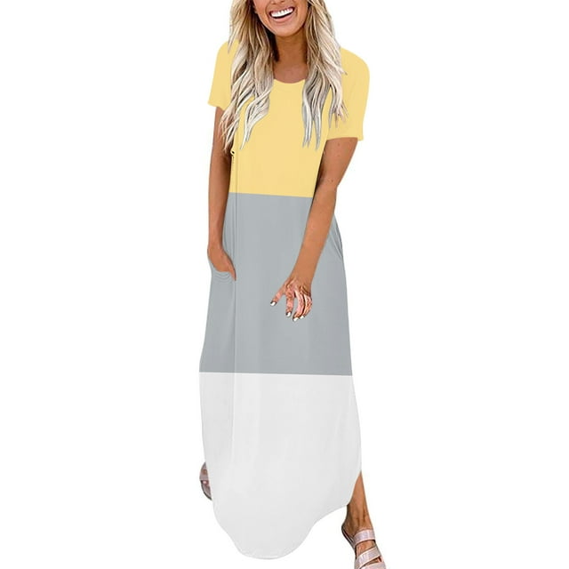 Ventes de Liquidation Aujourd'hui Offres Iumwxz Robe à Manches Courtes Col Rond pour Femme Tunique Décontractée Robe Maxi Ample Robe Graphique à Blocs de Couleur Robe Formelle pour Femmes Robe Douce et Confortable pour Cadeaux de Vacances