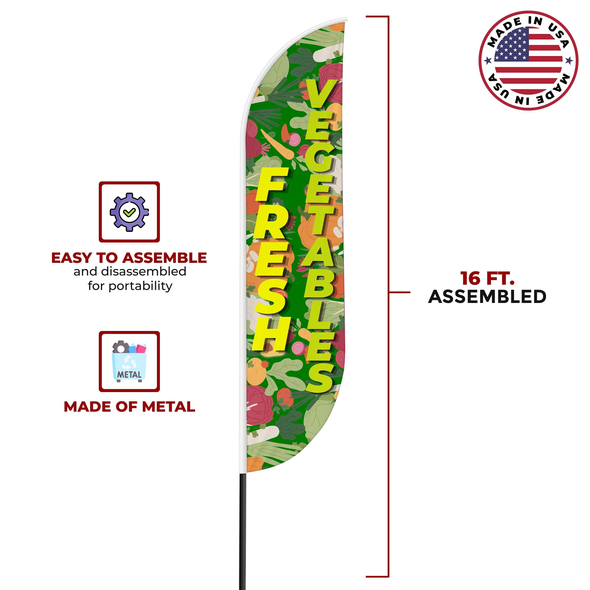 Fresh Vegetables Sign feather flag Outdoor by Mavis Printing | 11.5 FEET Long Polyester Outdoor Banner Flag Easy Hang | HD Print Swooper I Flag Only to Advertise Fresh Vegetables Business I Flag Only