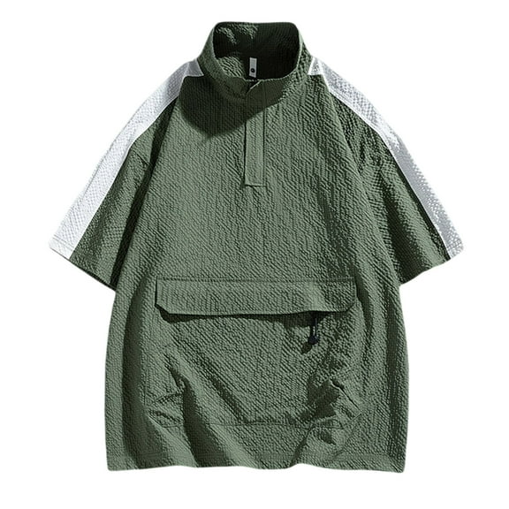 Hvot&aat Men's Fashion Mock Neck Tops Zipper Pocket Short Sleeved T-Shirt Casual Patchwork Lightweight Athletic Clothes