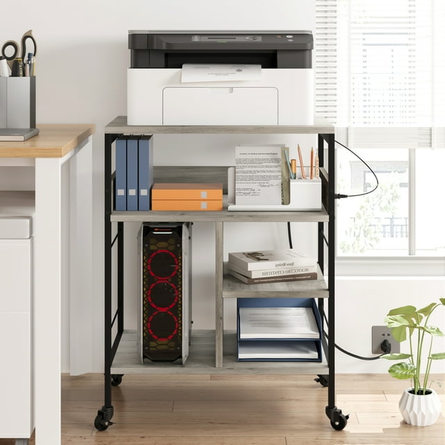 Printer Stand with Charging Station, Large Printer Table with Storage