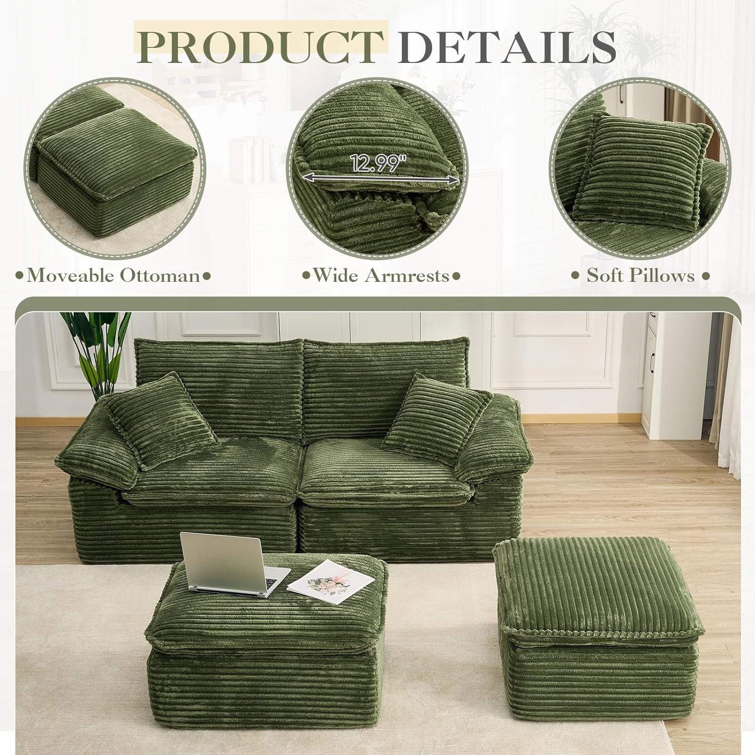 Aukfa 4-Piece Modular Sectional Sofa, Corduroy Convertible Double Chaise Lounge with Ottomans, Green