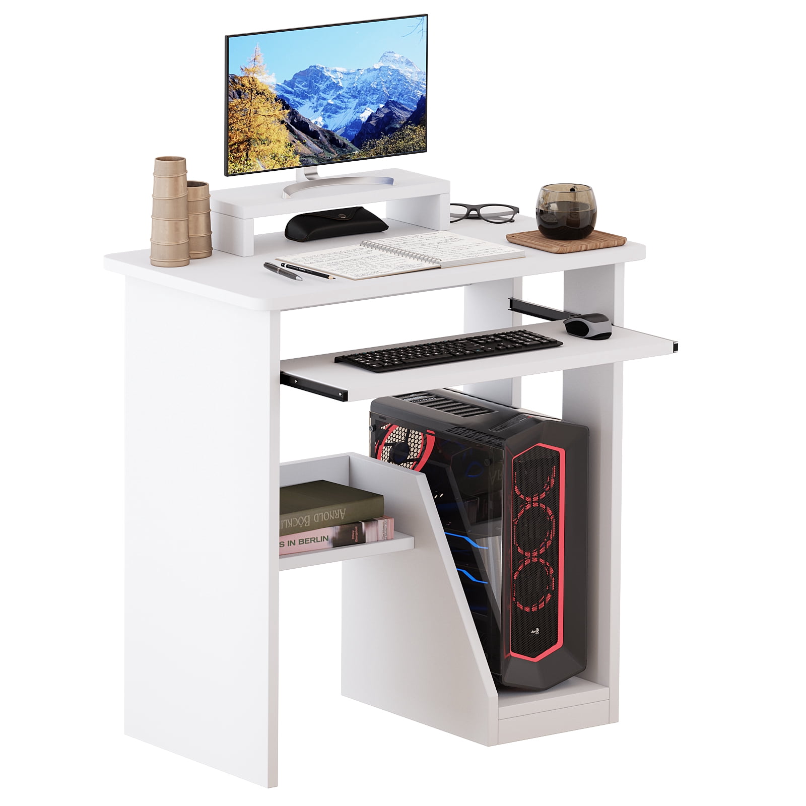 NEWSENDY 29in Computer Desk with Monitor Stand and Keyboard Tray for Small Space, Wood PC Laptop for Bedroom, Writing Table with Shelves for Living room, White