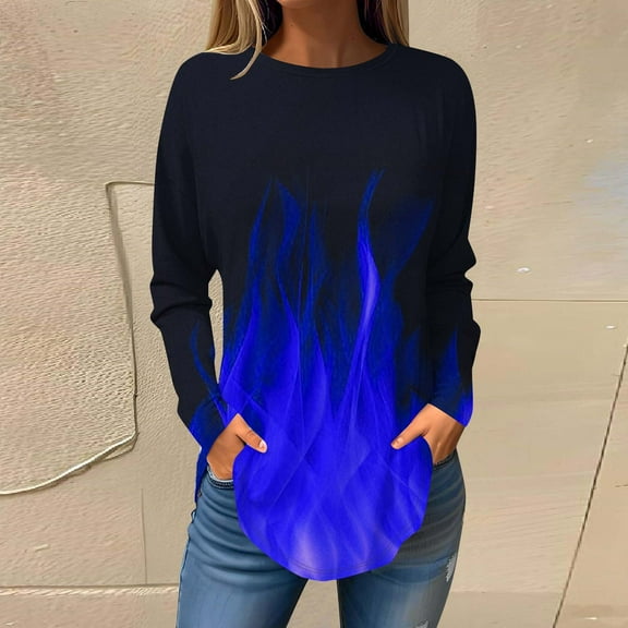 Sakmal Blue Womens Tops Under $10 Long Sleeve Crew Neck Graphic Flame Tunic T Shirts for Women