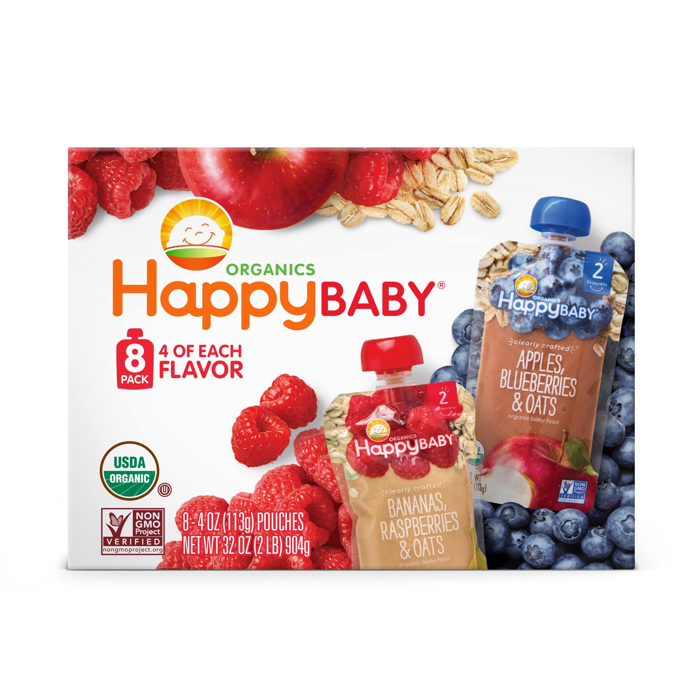 (8 Pack) Happy Family Organic Stage 2, Flavor varies Baby Food, 1 Pouch (113g)