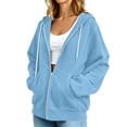 thumbnail image 3 of Vivianyo HD Women's Light Contrast Stitch Zip Up Hooded Sweatshirt, White Drawstring Kangaroo Pocket Long Sleeve Solid Casual Hooded Outer Tops for Women, Women's Light Blue, Sizes S-2XL, 3 of 8