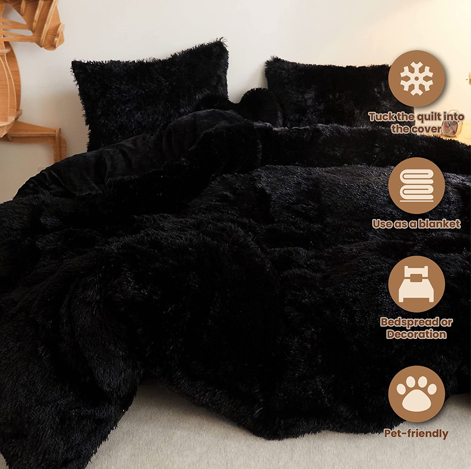 Sanmadrola Bedding Comforter Sets Bed in a Bag Queen Size Shaggy Plush Faux Fur Fluffy Bedding Sets Duvet Cover Soft Velvet Fuzzy Quilt Cover with 2 Pillow Cover Black