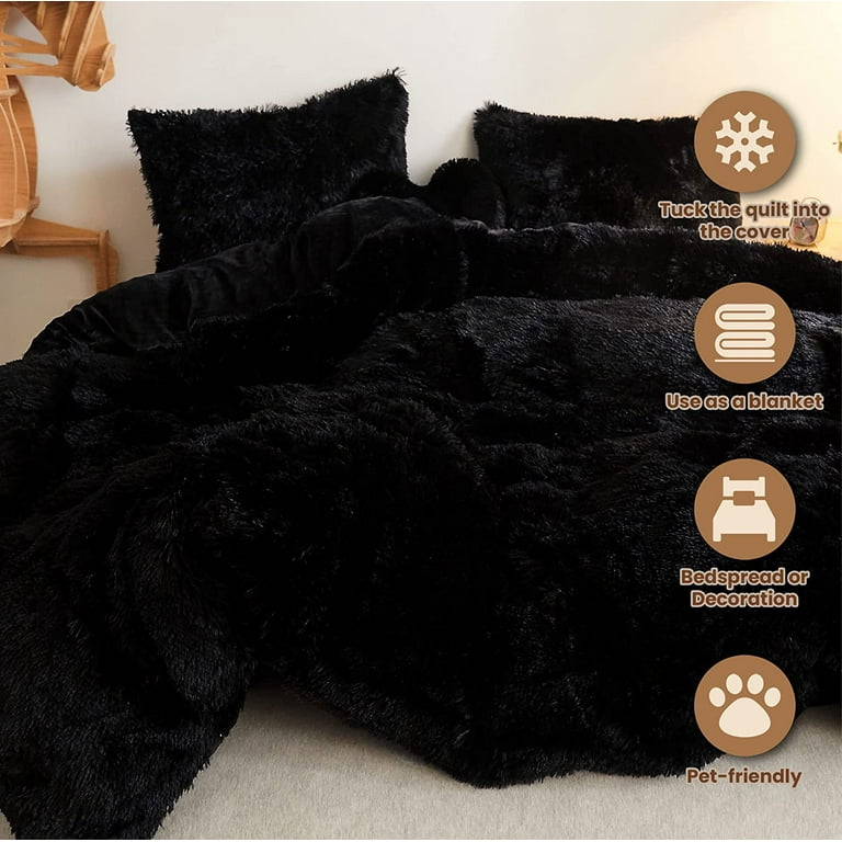 Black Plush Shaggy Duvet Cover Twin Queen King US Cal King 4/7Pcs Fluffy Zipper  Bedding set Bed sheet Pillow Shams Soft Velvet