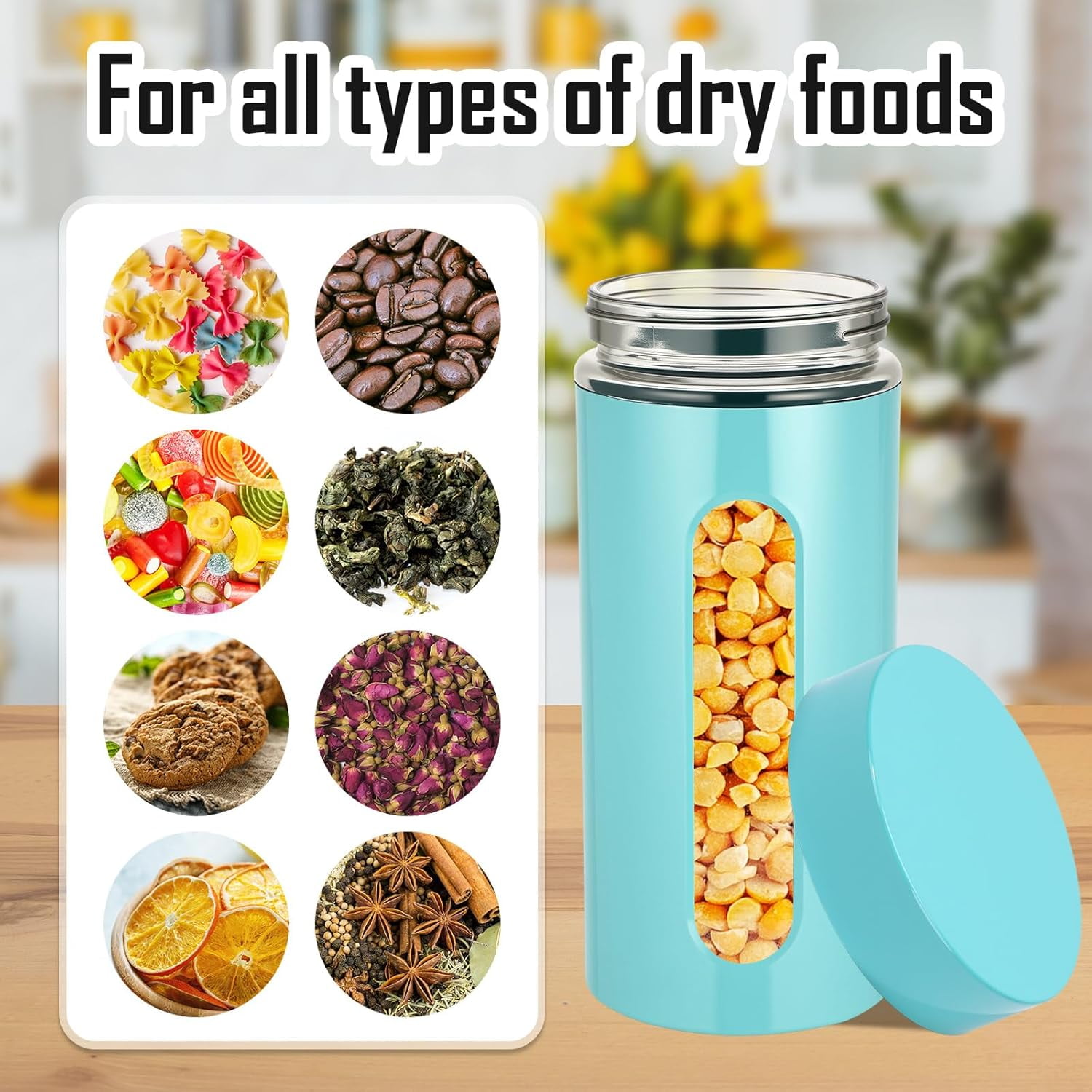 6 Pack Kitchen Canisters Set Airtight Stainless Steel Canister Food Storage Container with Window Glass, Coffee Sugar Candy Jars Tea Organizer for Flour Cookies Spice(Turquoise,44 oz)