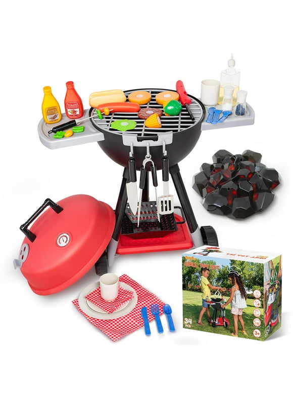 Syncfun 34 Pcs Kids Kitchen Playset, Toy BBQ Grill Set, Play Food Cooking Toy Set for Toddlers 1-3-5