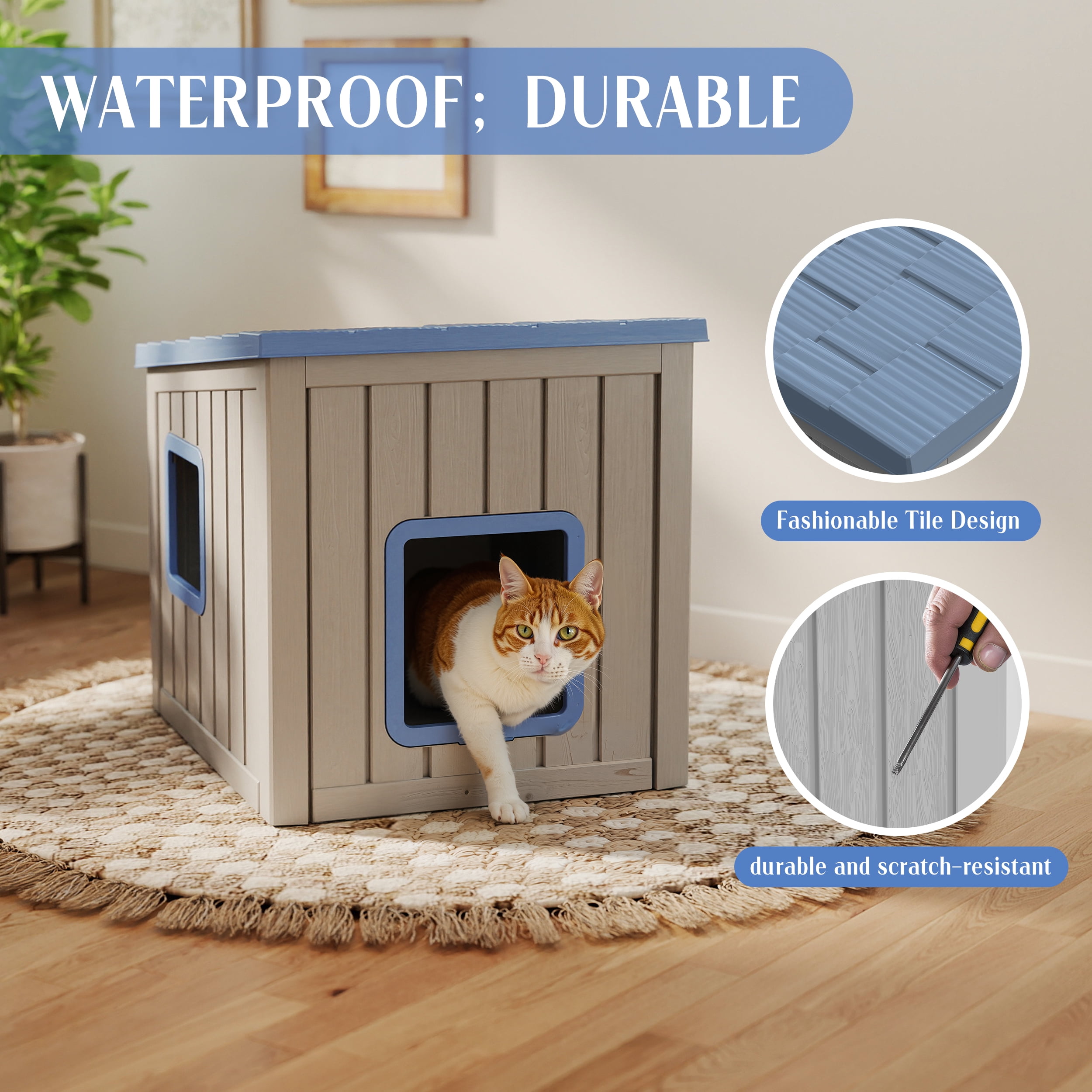 fazzn Outdoor Cat House,Waterproof Resin Cat Houses for Feral Cats,Robust and Easy to Assemble,Feral Cat Shelter for Winter,Suitable for Cats, Rabbits and Other Small Animals.Black/Blue,Father's Day