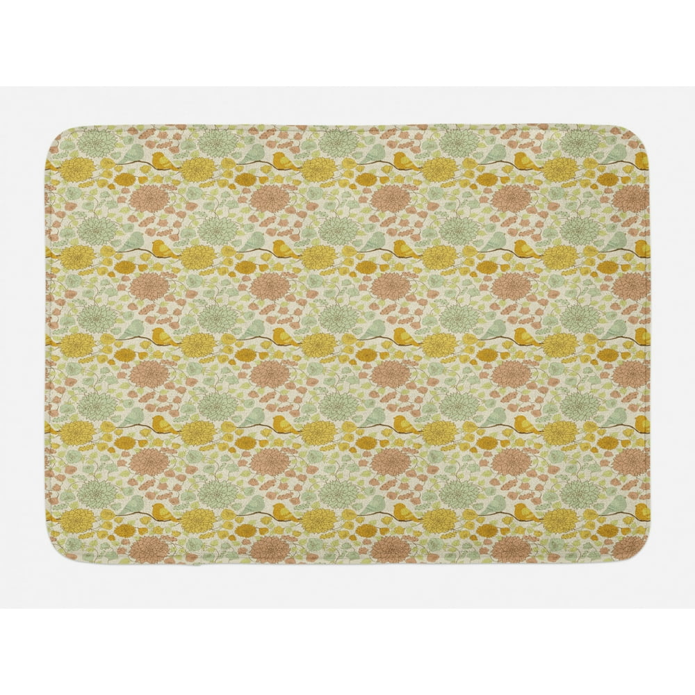 Vintage Bath Mat, Nostalgic Illustration of Spring Flowers with Birds