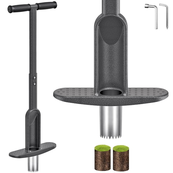 Dolibest Outil de Jardinière avec Poignée en Caoutchouc Souple, Outil de Bouchage d'Herbe avec Dentelures Pointues en Acier Inoxydable, Bouchon de Gazon Préassemblé avec Centre Auto