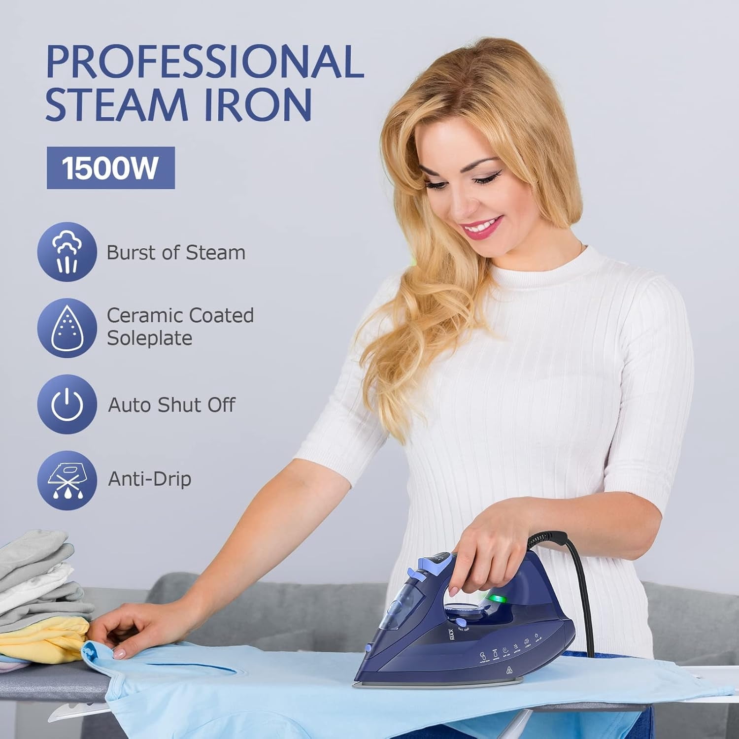 Steam Iron for Clothes with Precision Thermostat Dial, Ceramic Coated Soleplate, 3-Way Auto-Off, Self-Cleaning, Anti-Calcium, Anti-Drip Blue
