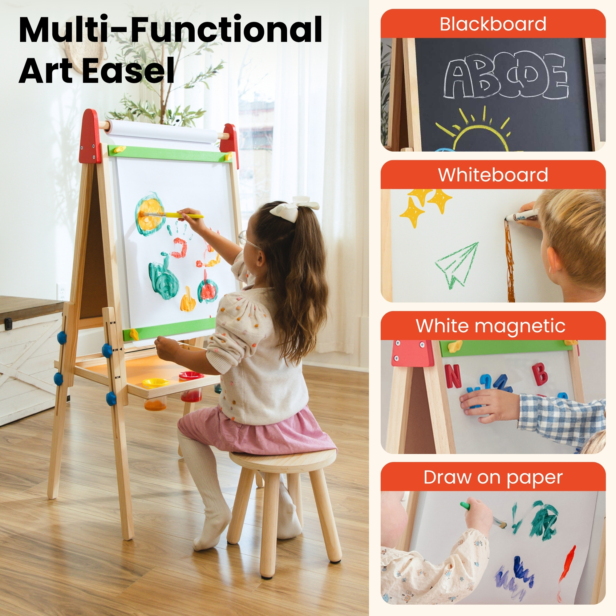Tiny Land Kids Art Easel with Paper Rolls, Chalkboard & Magnetic Whiteboard for Ages 3-8