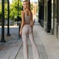 thumbnail image 5 of Foldover Waist Flare Leg Yoga Pants in Ribbed Knit - Medium, Beige, 5 of 6