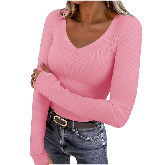 Atogsazn Women's V Neck Blouse Casual Ribbed Knit Thermal Underwear Tunic Tops Pullover Sweater Clothing 01-Pink L Fashion