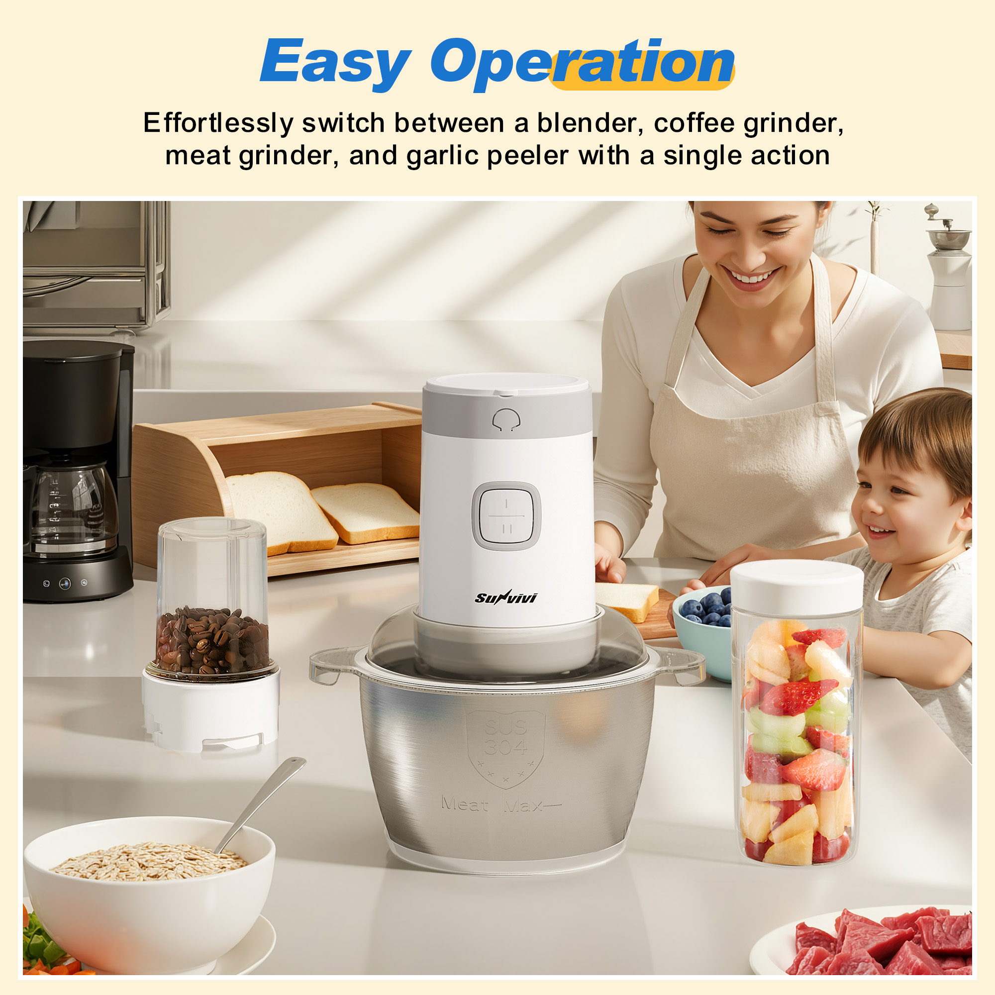 Heynemo 4-in-1 Multifunctional Food Processor, 350W Electric Chopper with Meat Grinder, Juicer, Coffee Grinder & Garlic Peeler