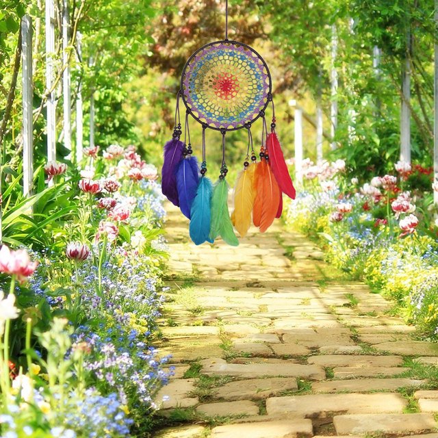 Colorido Rainbow Dreamcatcher Adornos hechos a mano Wind Chimes Rainbow Feather Dream Catchers para regalos Adornos de boda y decoraciones para el hogar LingWen 8390614190993