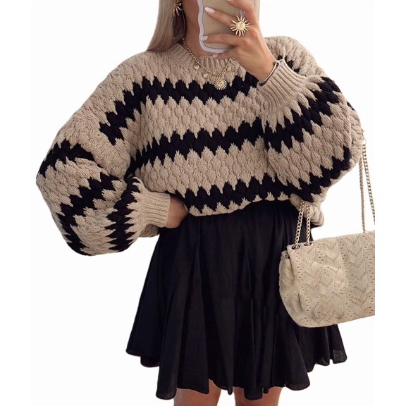 Womens Cute Sweaters Trendy Color Block Pullover Sweater Cable Knit Jumper Tops Khaki L