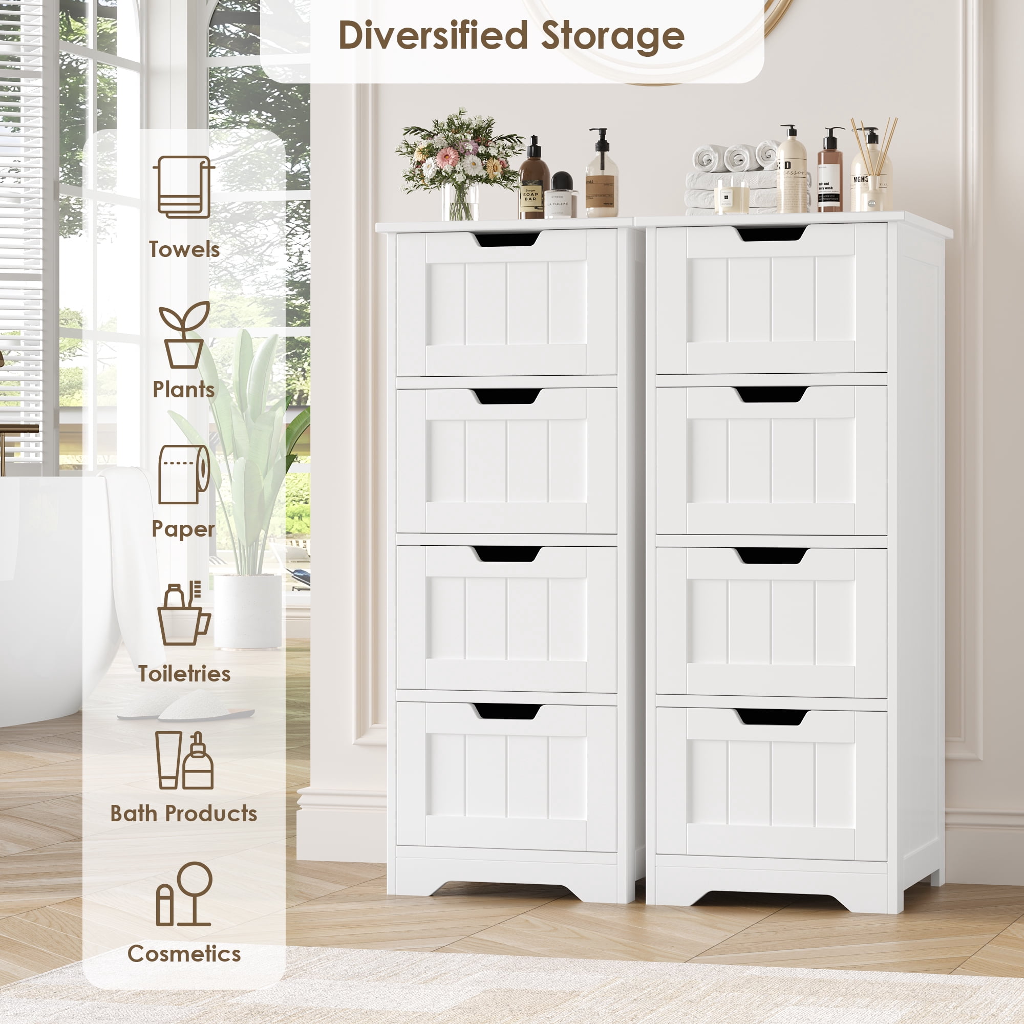 Homfa Bathroom Storage Cabinet, Free Standing Narrow Cabinet with 4 Drawers Entryway Storage Organizer for Living Room Bedroom, 2PCS, White