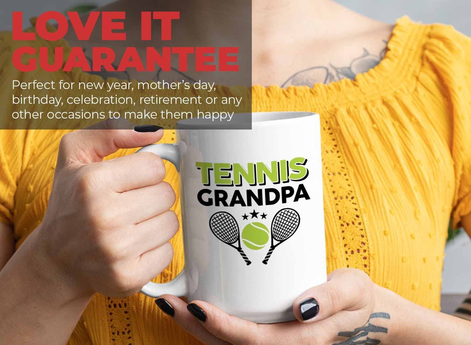 Tennis Player Mug White 15oz - Tennis Grandpa - Court Pro Tennis Racket Ball Winning Double Strategy Trainer Equipment
