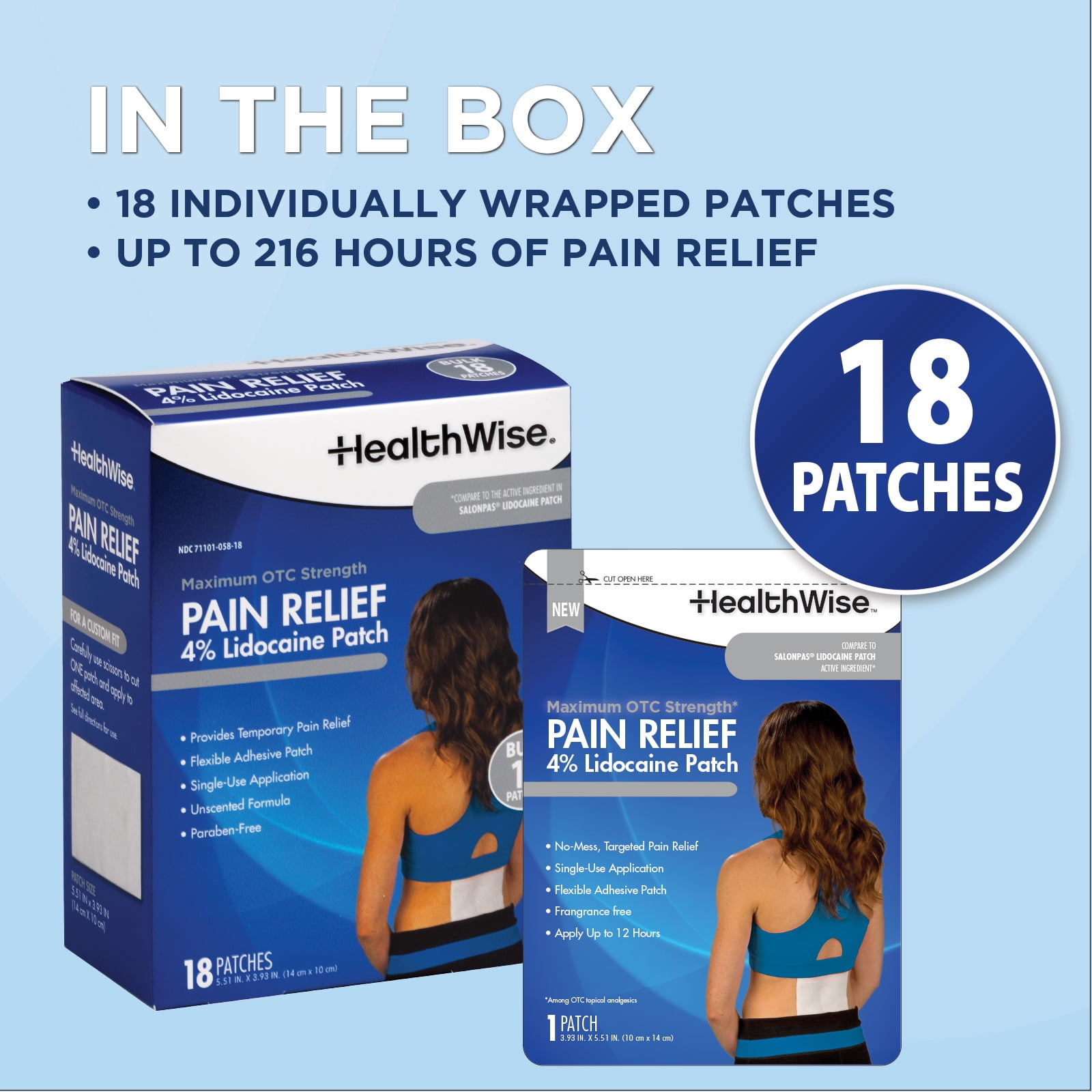 HealthWise Lidocaine Pain Patch | 4% OTC Lidocaine | 18-Count | Paraben-free Formula | Temporarily Soothes Minor Aches and Pains | Unscented | Flexible Application